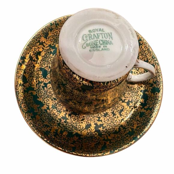 Royal Grafton-bone China-teacup, saucer porcelain Dark green gold floral design - Picture 6 of 8
